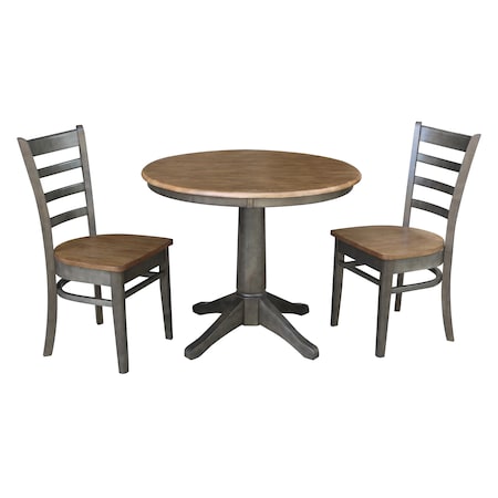 International Concepts Round 36 in Rd Top Pedestal Table, 2 Emily Chairs, Hickory/Washed Coal, 36 in W, 36 in L, 29.9 in H K45-36RT-27B-C617P